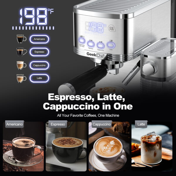 Geek Chef Espresso And Cappuccino Machine With Automatic Milk Frother,20Bar Espresso Maker For Home, For Cappuccino Or Latte,with ESE POD Filter, Stainless Steel, Gift For Coffee Lover Bar - Image 4