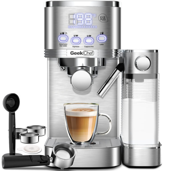 Geek Chef Espresso And Cappuccino Machine With Automatic Milk Frother,20Bar Espresso Maker For Home, For Cappuccino Or Latte,with ESE POD Filter, Stainless Steel, Gift For Coffee Lover Bar