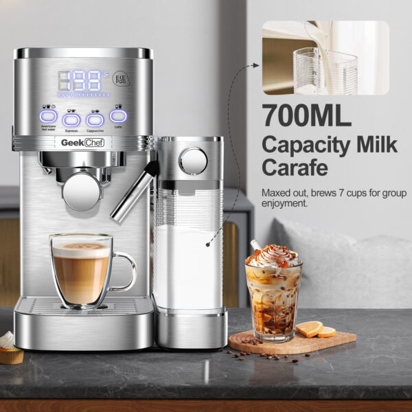 Geek Chef Espresso And Cappuccino Machine With Automatic Milk Frother,20Bar Espresso Maker For Home, For Cappuccino Or Latte,with ESE POD Filter, Stainless Steel, Gift For Coffee Lover Bar - Image 9
