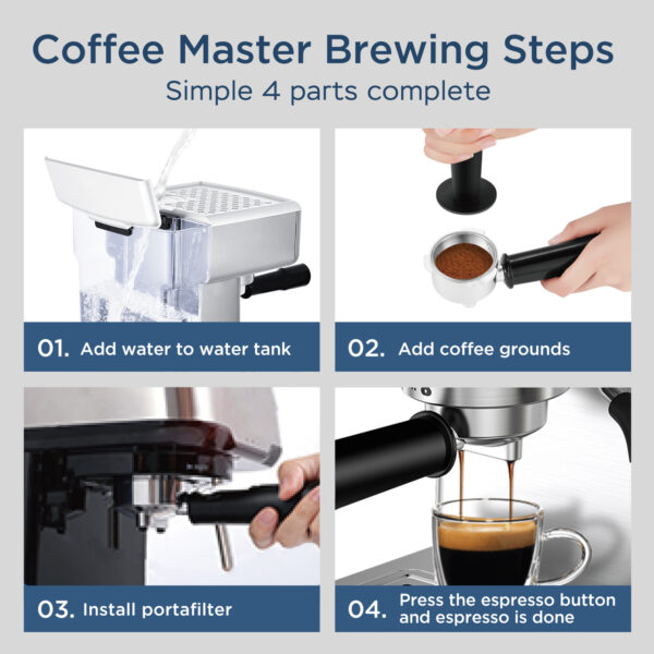 Geek Chef Espresso Machine, 20 Bar Espresso Machine With Milk Frother For Latte, Cappuccino, Macchiato, For Home Espresso Maker, 1.8L Water Tank, Stainless Steel - Image 8