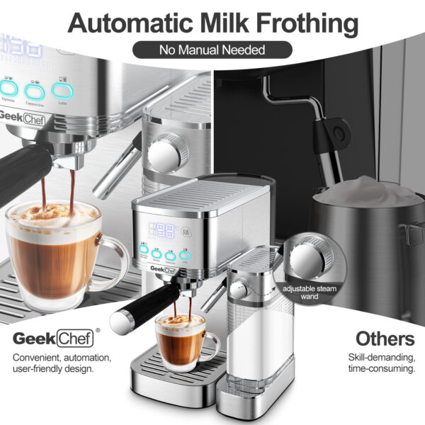 Geek Chef Espresso And Cappuccino Machine With Automatic Milk Frother,20Bar Espresso Maker For Home, For Cappuccino Or Latte,with ESE POD Filter, Stainless Steel, Gift For Coffee Lover Bar - Image 2