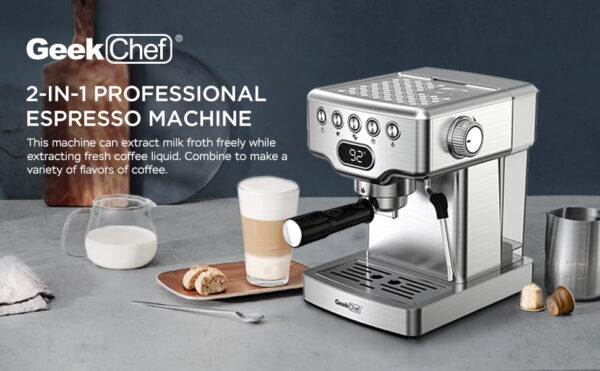 Geek Chef Espresso Machine, 20 Bar Espresso Machine With Milk Frother For Latte, Cappuccino, Macchiato, For Home Espresso Maker, 1.8L Water Tank, Stainless Steel - Image 3