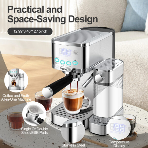 Geek Chef Espresso And Cappuccino Machine With Automatic Milk Frother,20Bar Espresso Maker For Home, For Cappuccino Or Latte,with ESE POD Filter, Stainless Steel, Gift For Coffee Lover Bar - Image 10