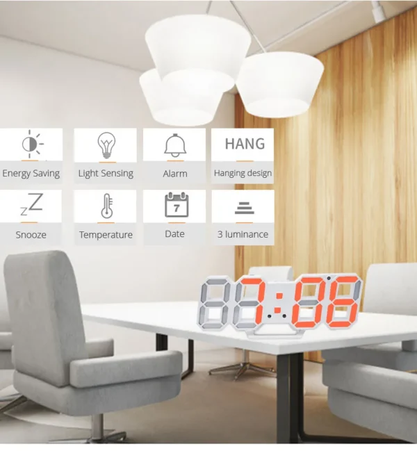 3D LED Wall Clock Modern Design Digital Table Clock Alarm Night Light Saat Wall Clock for Home Decor Living Room - Image 2