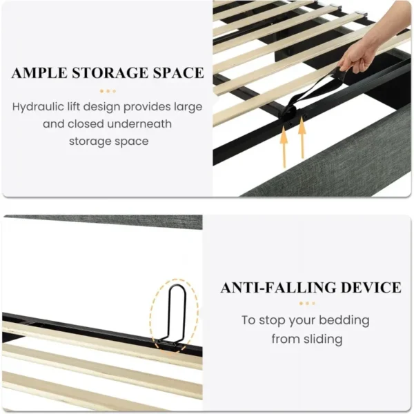 Full Size Lift Up Storage Bed/Modern Wingback Headboard/Upholstered Platform Bed Frame/Hydraulic Storage/No Box Spring Needed/Wo - Image 5