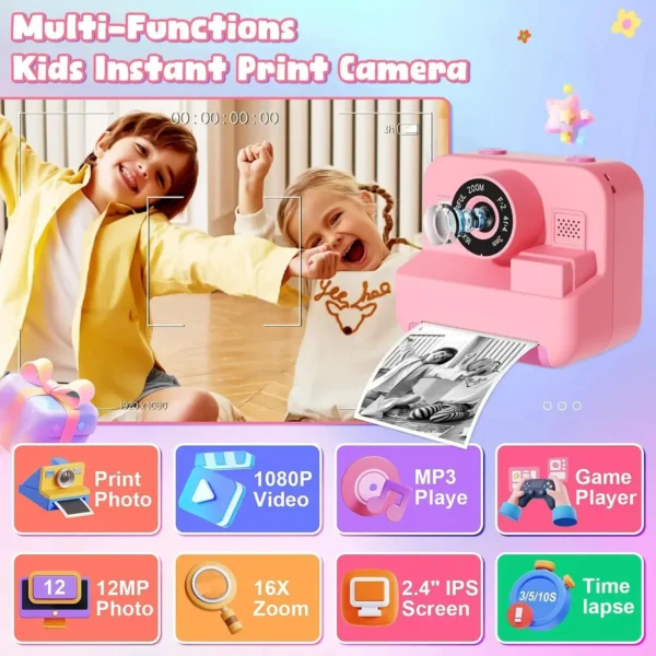 Digital Children Instant Print Camera, Video Recording, with 32G Card and Thermal Printing, Kids Educational Toy Gift - Image 6