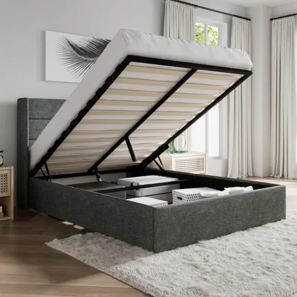 Full Size Lift Up Storage Bed/Modern Wingback Headboard/Upholstered Platform Bed Frame/Hydraulic Storage/No Box Spring Needed/Wo