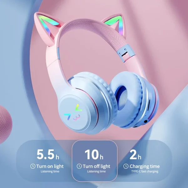 Gradient wireless Headphones RGB cute cat ear Bluetooth Earphones with microphone Stereo Music Game Earphone Girls Kids Gifts - Image 2