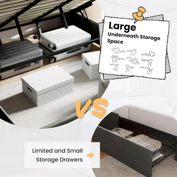 Full Size Lift Up Storage Bed/Modern Wingback Headboard/Upholstered Platform Bed Frame/Hydraulic Storage/No Box Spring Needed/Wo - Image 3