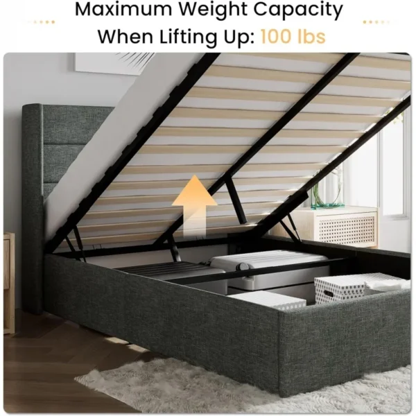 Full Size Lift Up Storage Bed/Modern Wingback Headboard/Upholstered Platform Bed Frame/Hydraulic Storage/No Box Spring Needed/Wo - Image 6