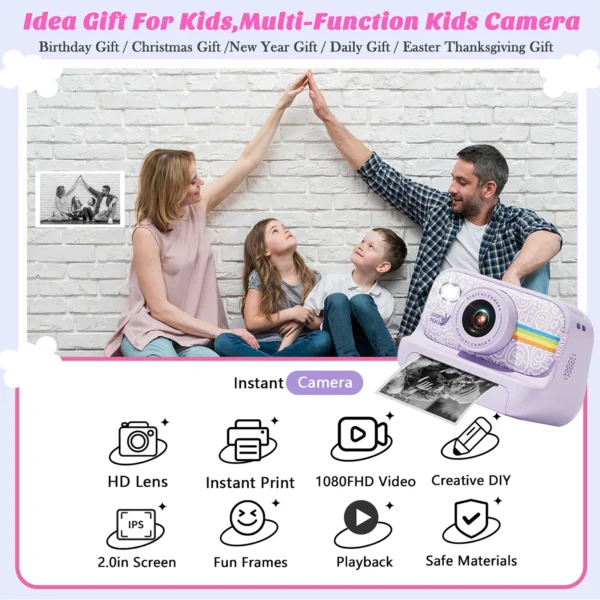 Instant Print Camera for Kids,2.0 Inch Screen Kids Instant Cameras, Christmas Birthday Gifts for Girls Age 3-12,Toddler Toy - Image 2