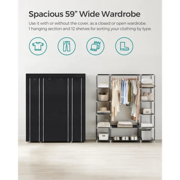 Closet Wardrobe, Portable Closet Clothes Rail with Non-Woven Fabric Cover, Clothes Storage Organizer 12 Compartments, Black - Image 3