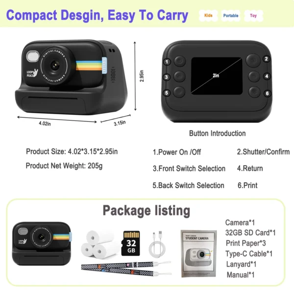 Instant Print Camera for Kids,2.0 Inch Screen Kids Instant Cameras, Christmas Birthday Gifts for Girls Age 3-12,Toddler Toy - Image 6