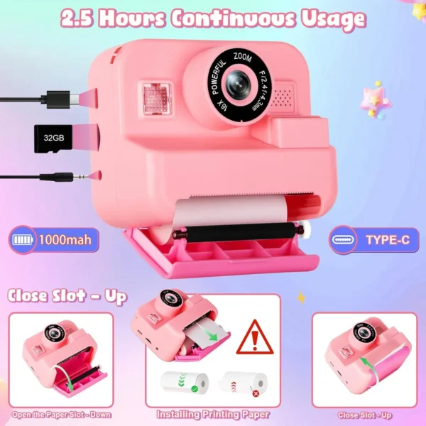 Digital Children Instant Print Camera, Video Recording, with 32G Card and Thermal Printing, Kids Educational Toy Gift - Image 2