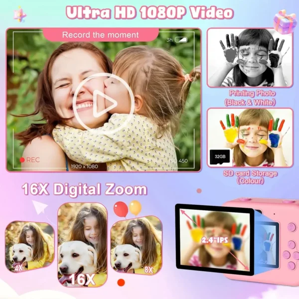 Digital Children Instant Print Camera, Video Recording, with 32G Card and Thermal Printing, Kids Educational Toy Gift - Image 5