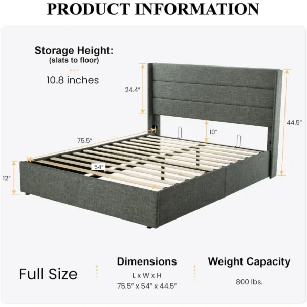 Full Size Lift Up Storage Bed/Modern Wingback Headboard/Upholstered Platform Bed Frame/Hydraulic Storage/No Box Spring Needed/Wo - Image 2