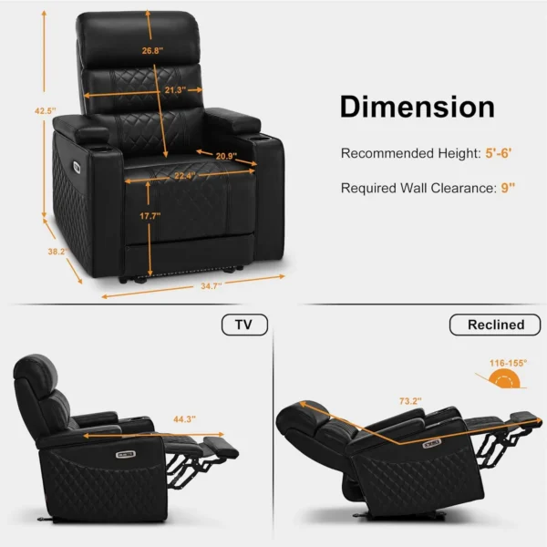 MCombo Power Recliner Chair with Adjustable Headrest, Home Theater Seating with USB & Type-C Port, Armrest Storage & LED Light H - Image 3