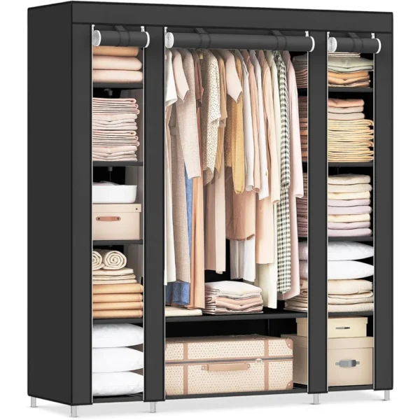 Closet Wardrobe, Portable Closet Clothes Rail with Non-Woven Fabric Cover, Clothes Storage Organizer 12 Compartments, Black
