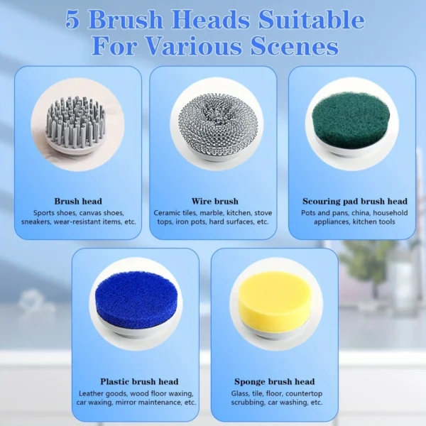 Xiaomi Electric Cleaning Brush Multifunctional Kitchen Bathroom Toilet Portable Powerful Clean Brush 5 Brush Heads LED Display - Image 3